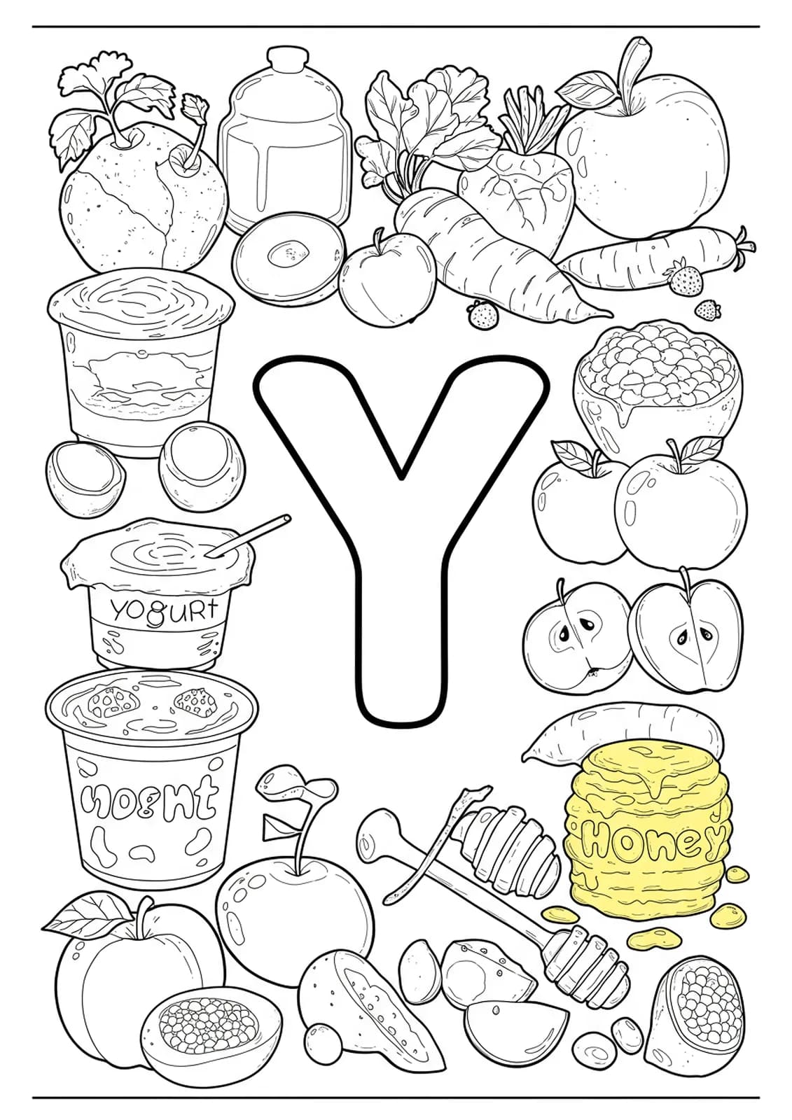 A hard coloring page with the letter Y surrounded by detailed drawings of foods starting with Y for elementary kids.