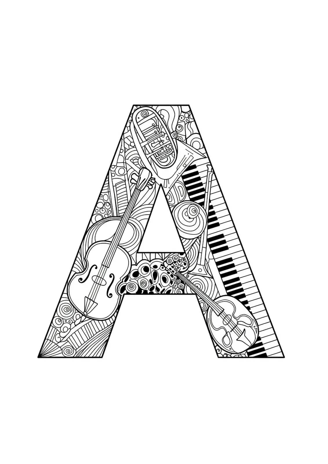 Zentangle style letter A with musical instrument details, intricate and challenging adult coloring page.