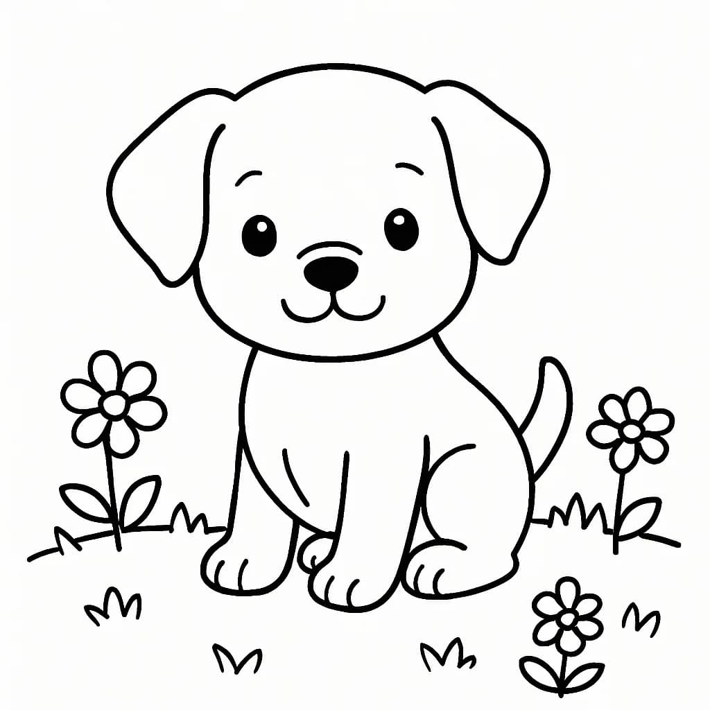 Simple coloring page of a cute puppy sitting in the grass with flowers, easy for preschoolers.
