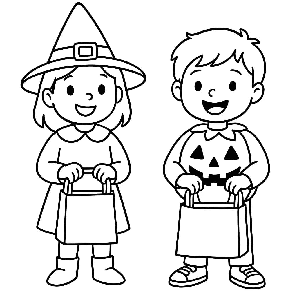 Coloring page with two kids in Halloween costumes holding trick-or-treat bags, simple and clear outlines.