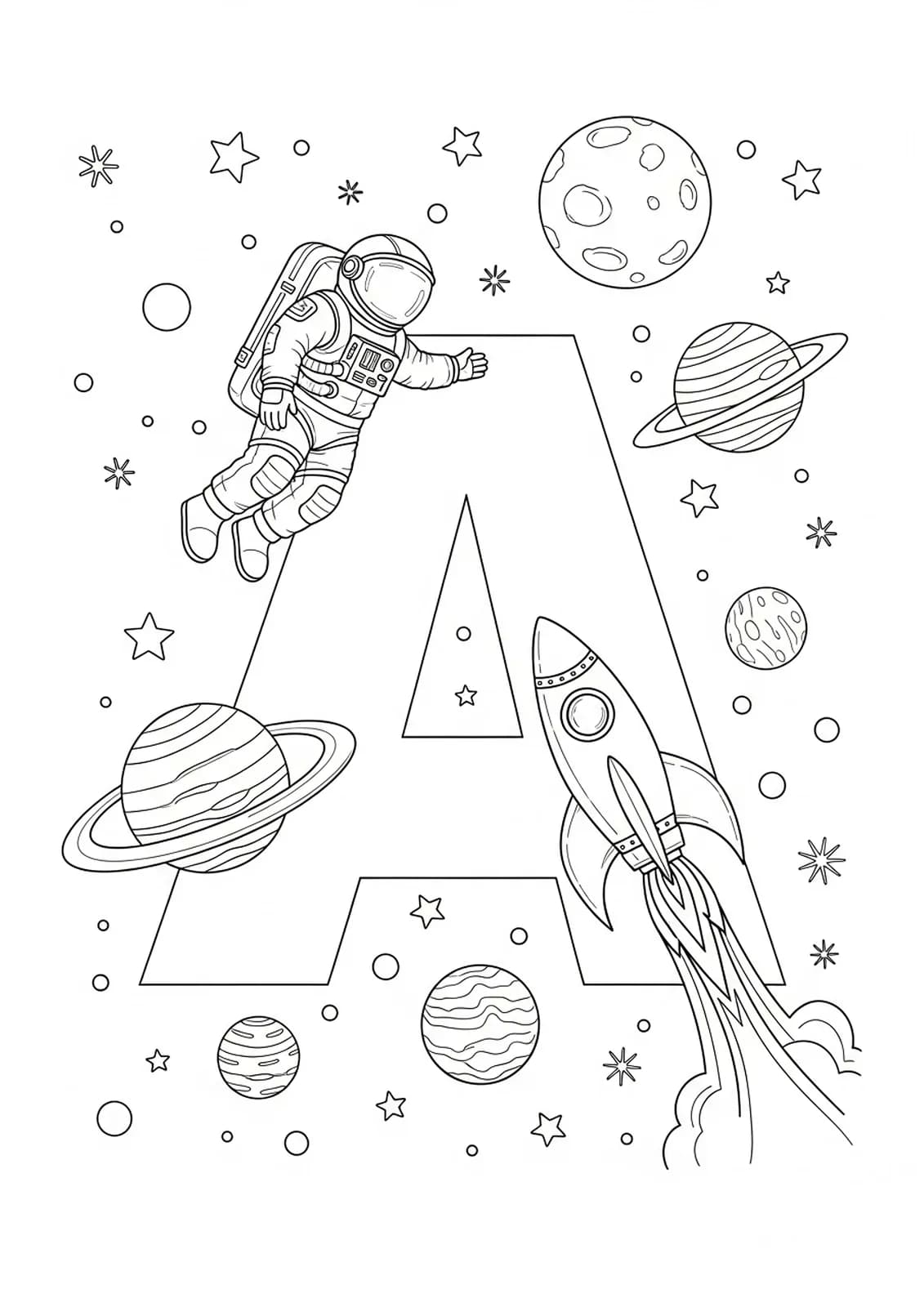 Letter A with an astronaut, rocket, planets, and stars in space, medium detail