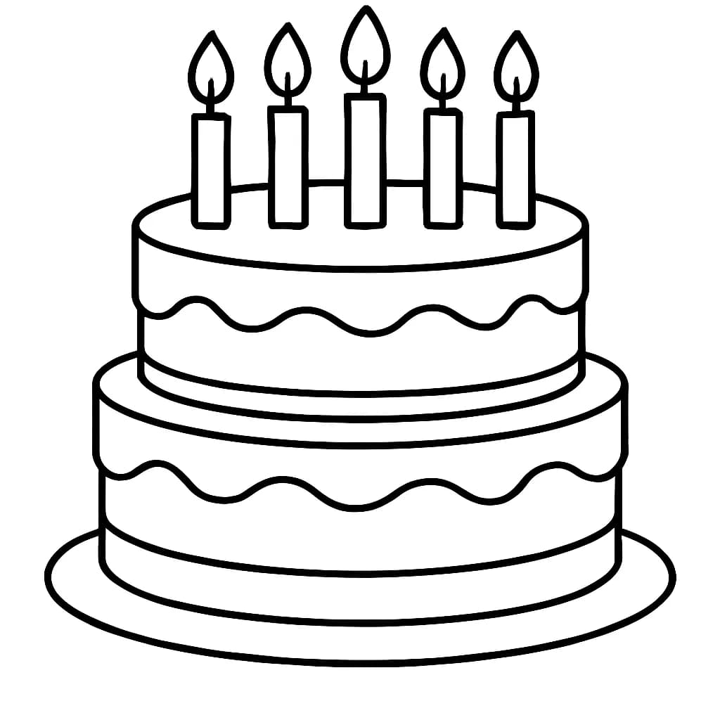 Simple birthday cake with candles and large frosting for preschool coloring.