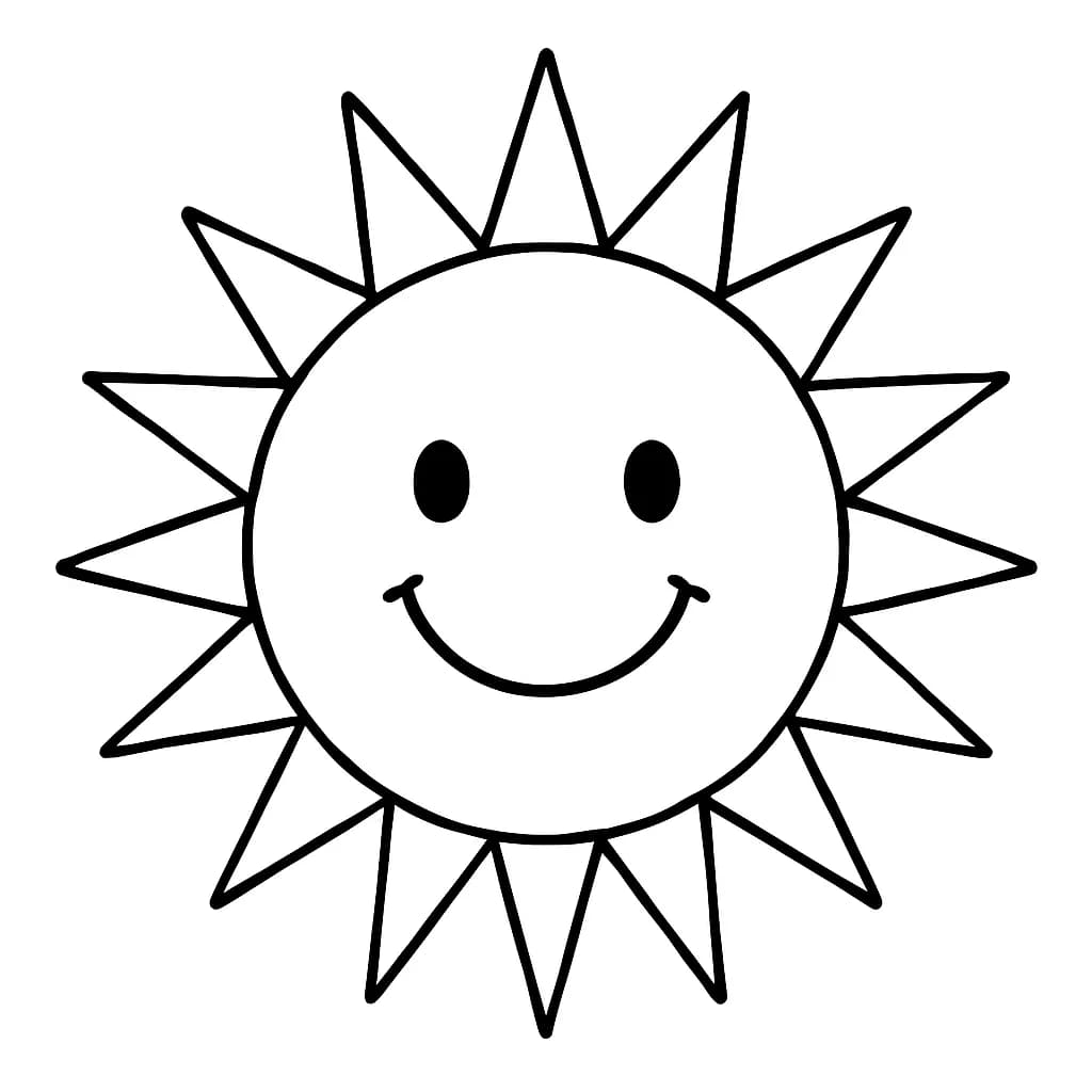 Large smiling sun with simple rays and a friendly face for easy coloring.