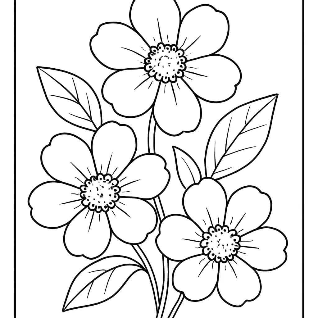 Simple spring flowers with large petals and leaves for preschool coloring.