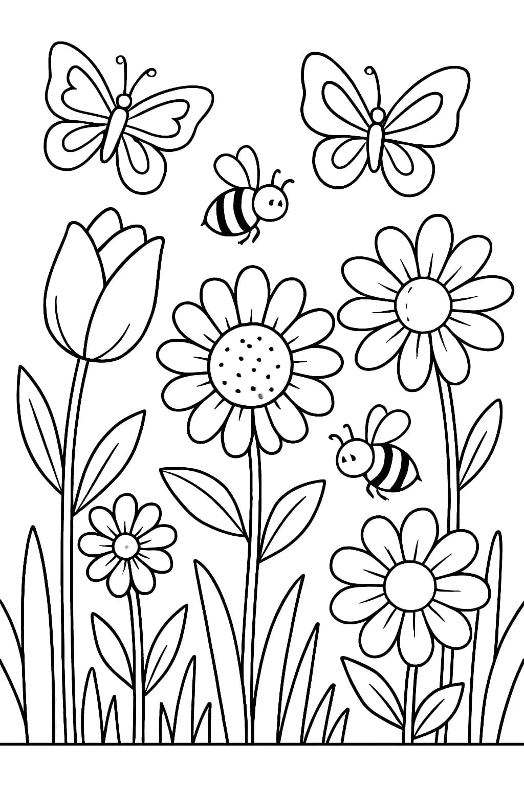 Easy coloring page of a spring garden with big flowers and butterflies for kids.