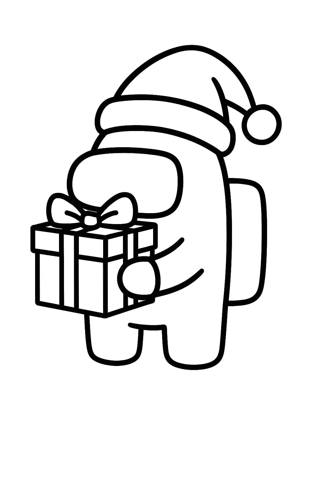 Among Us crewmate wearing Santa hat and holding a gift, easy coloring page for kids