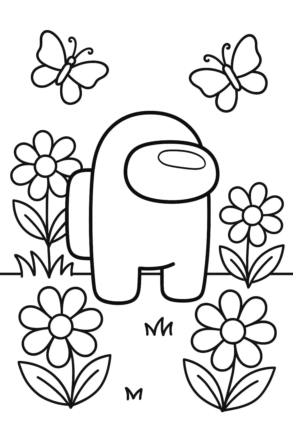 Among Us crewmate with flowers and butterflies, large and simple shapes for preschool coloring