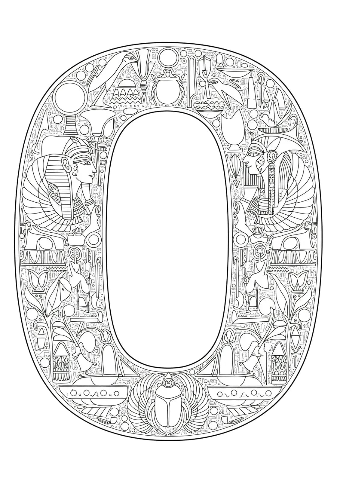 Ornate letter O surrounded by detailed ancient Egyptian hieroglyphics, scarabs, and pharaoh motifs, hard adult coloring page