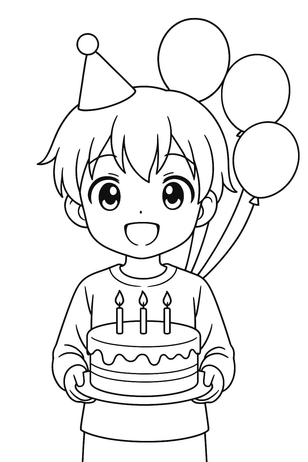 Large outlined anime child with a birthday cake and balloons, simple and perfect for preschoolers.