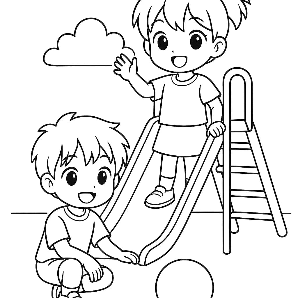 Simple line art of two anime children on a playground slide with big smiles, perfect for preschool coloring.