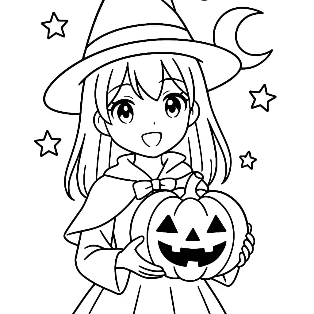 Anime girl with a witch hat and pumpkin, surrounded by stars and a moon, simple outlines