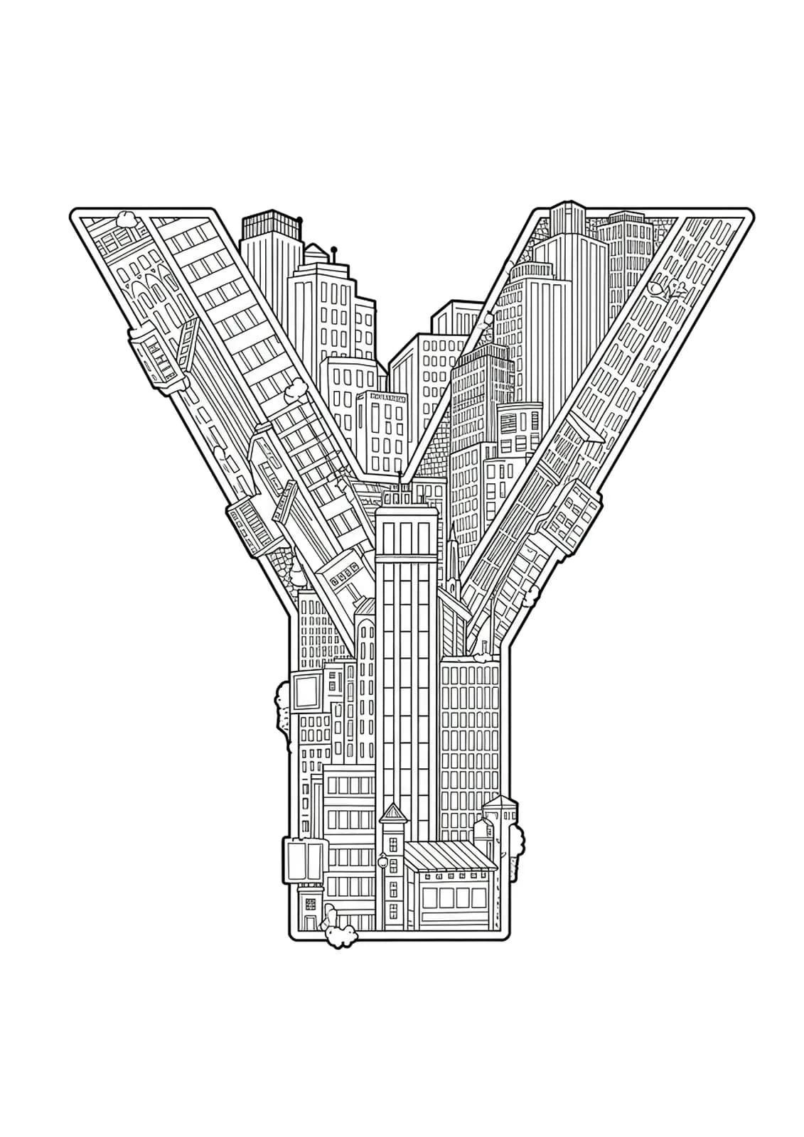 The letter Y composed of detailed cityscape and architecture elements, black and white lines for adult coloring.