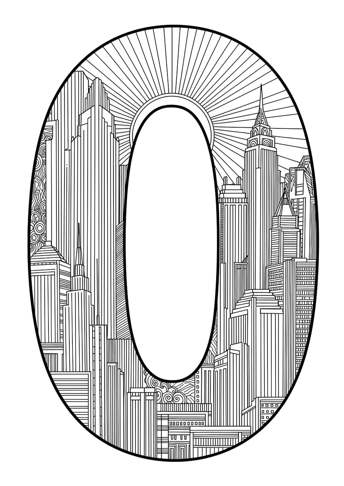 Letter O embedded in a complex Art Deco cityscape of skyscrapers, geometric patterns, and sunbursts, hard adult coloring page