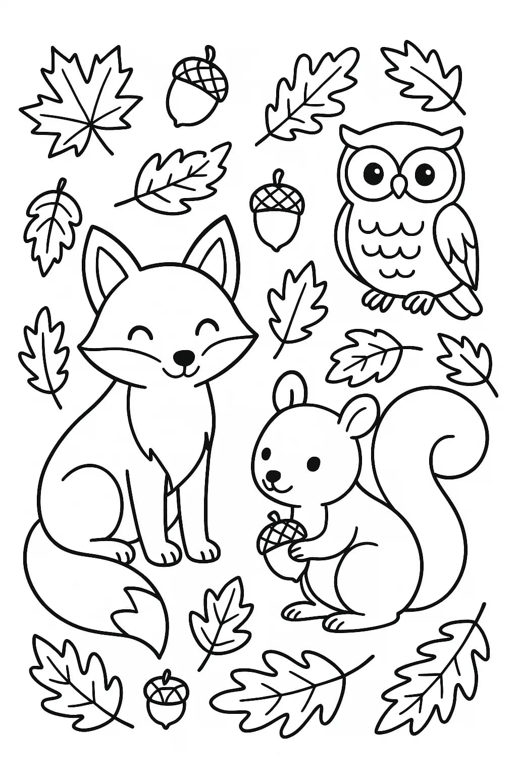 Simple line art of a fox, owl, and squirrel with fall leaves and acorns, easy for elementary kids to color.