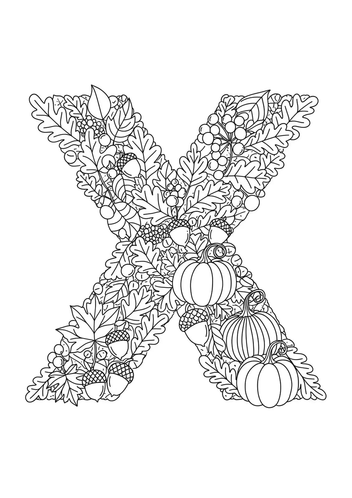 Letter X with swirling autumn leaves, acorns, and pumpkins, medium detail for children.