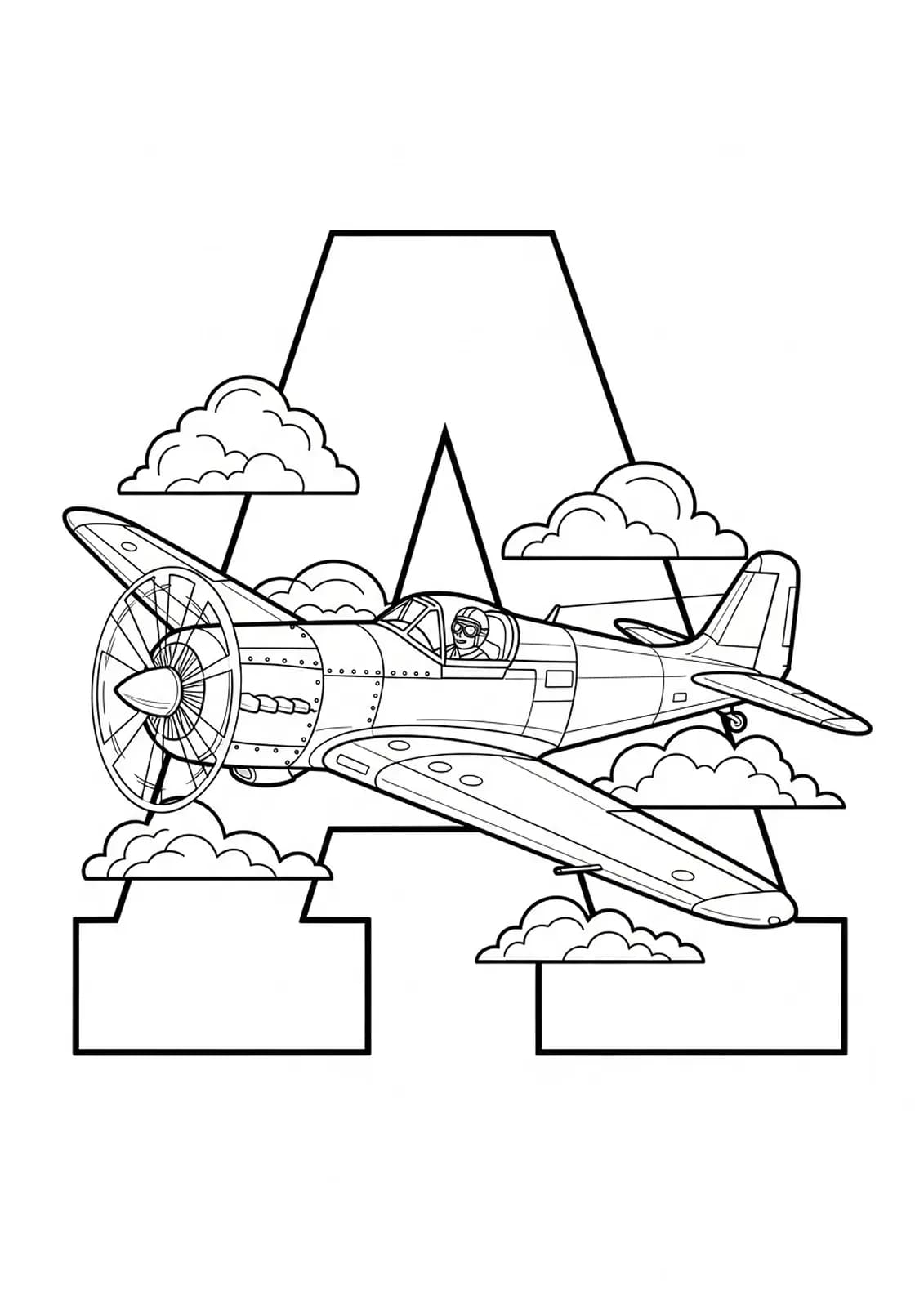 Letter A with a detailed airplane, clouds, and a pilot flying, medium detail