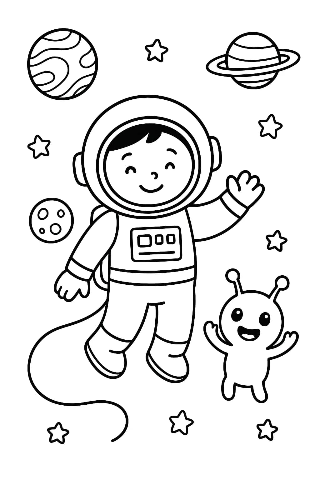 Easy coloring page of an astronaut, planets, and a friendly alien in space with clear outlines.