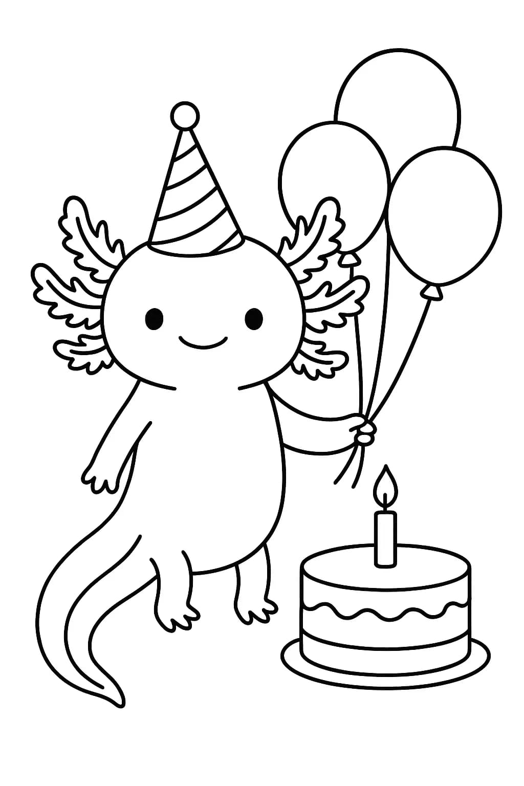 Outline of a cheerful axolotl with a party hat, cake, and balloons, preschool-friendly