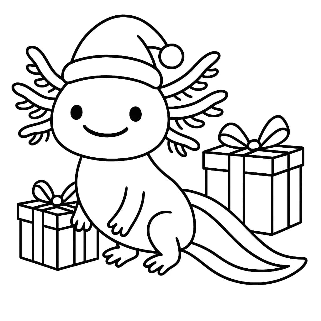 Simple outline of an axolotl with a Santa hat and gifts, easy for preschool coloring