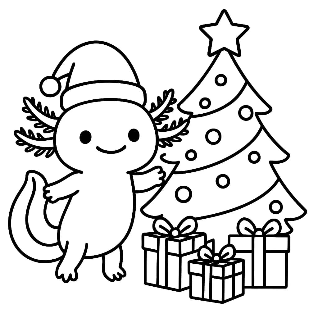 Easy Christmas axolotl coloring page with Santa hat, tree, and gifts.