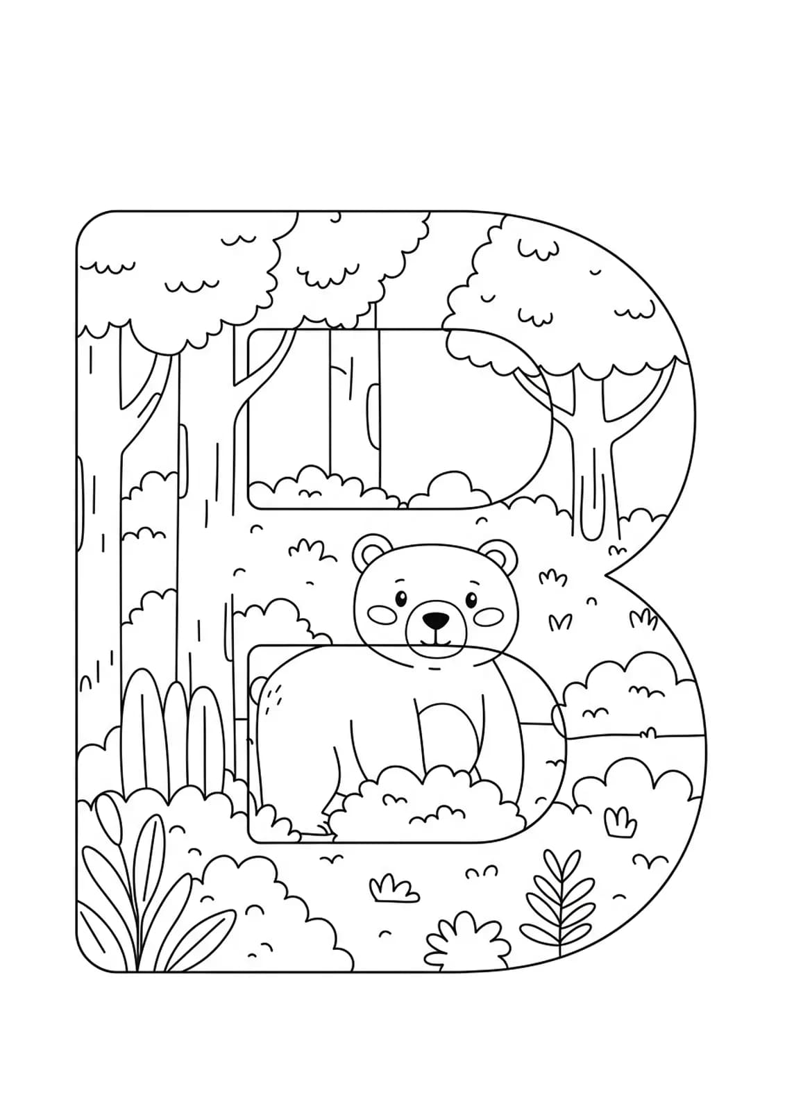 Letter B with a friendly bear in the woods, surrounded by trees and bushes, medium detail coloring page.