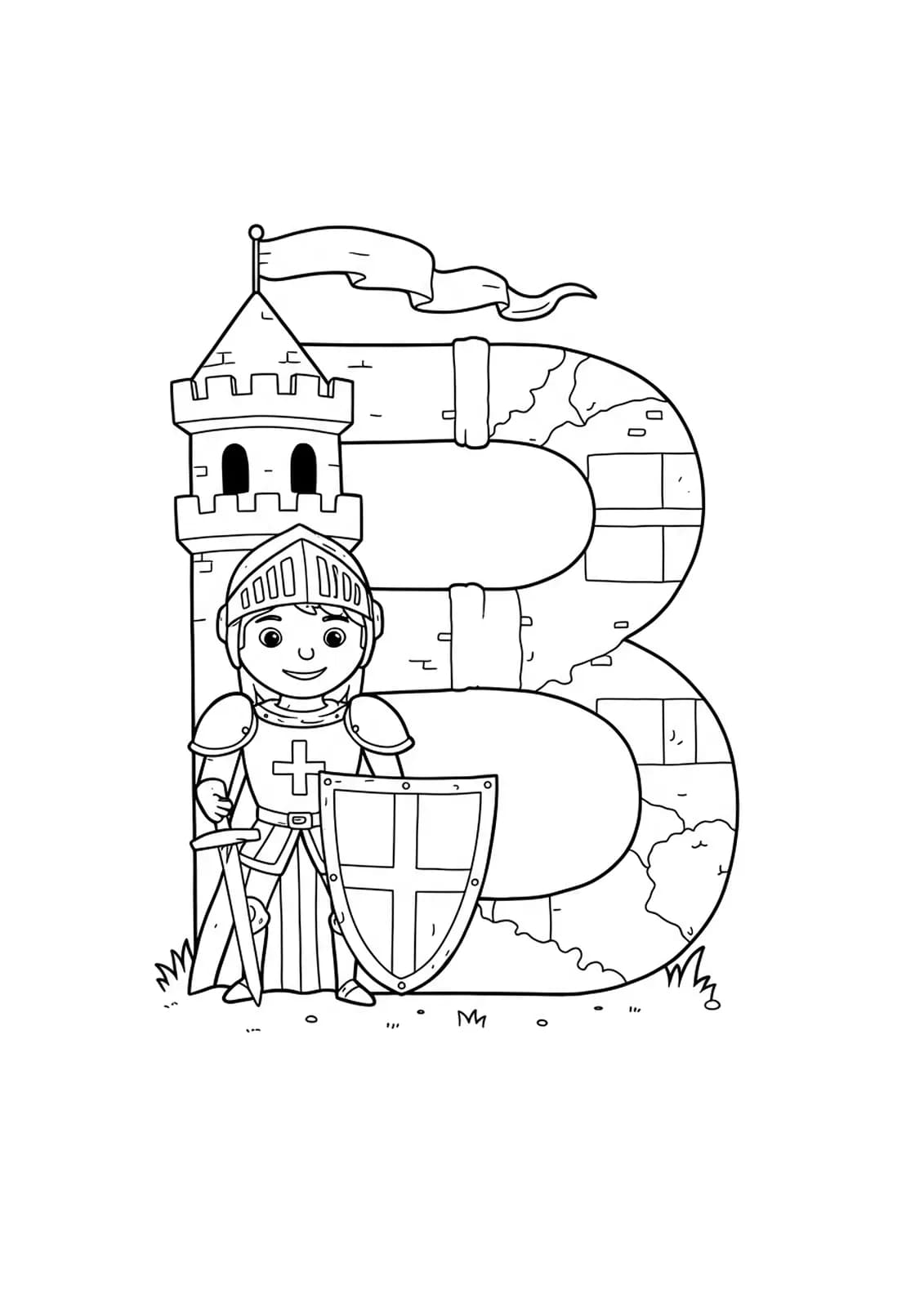 Letter B with a castle, brave knight, shield, and banner, medium detail preschool coloring page.