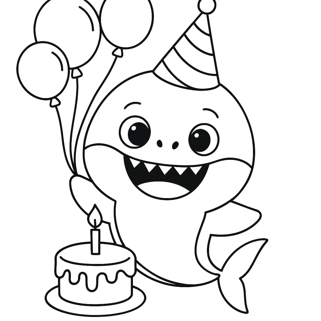 Baby Shark with a party hat, balloons, and a simple birthday cake