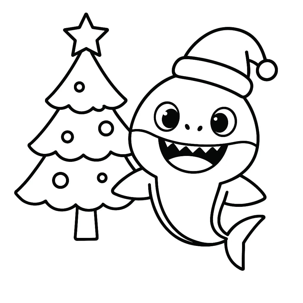 Baby Shark wearing a Santa hat next to a simple Christmas tree