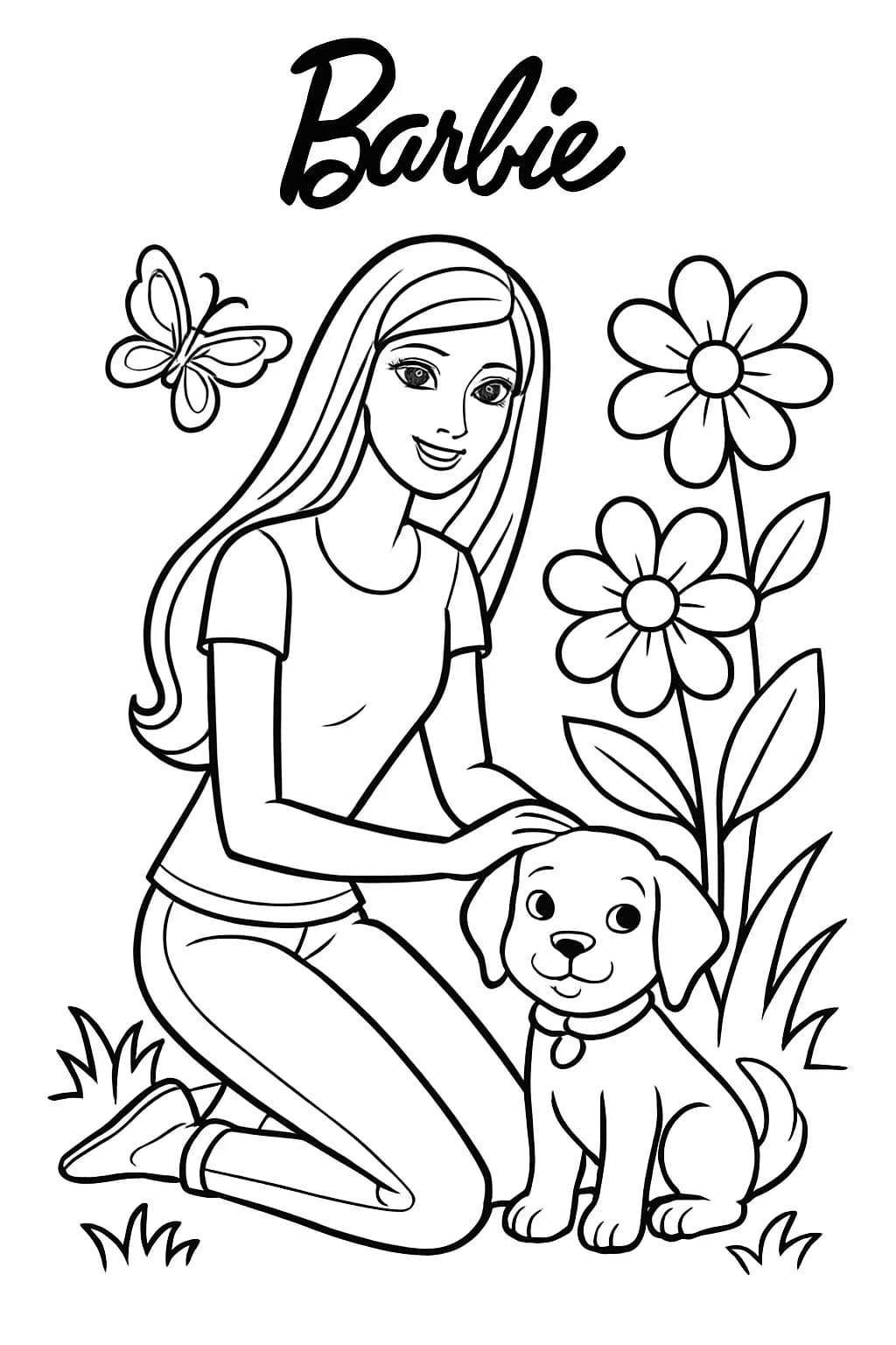 Barbie with a puppy in a garden, surrounded by large flowers and a butterfly, simple outlines.