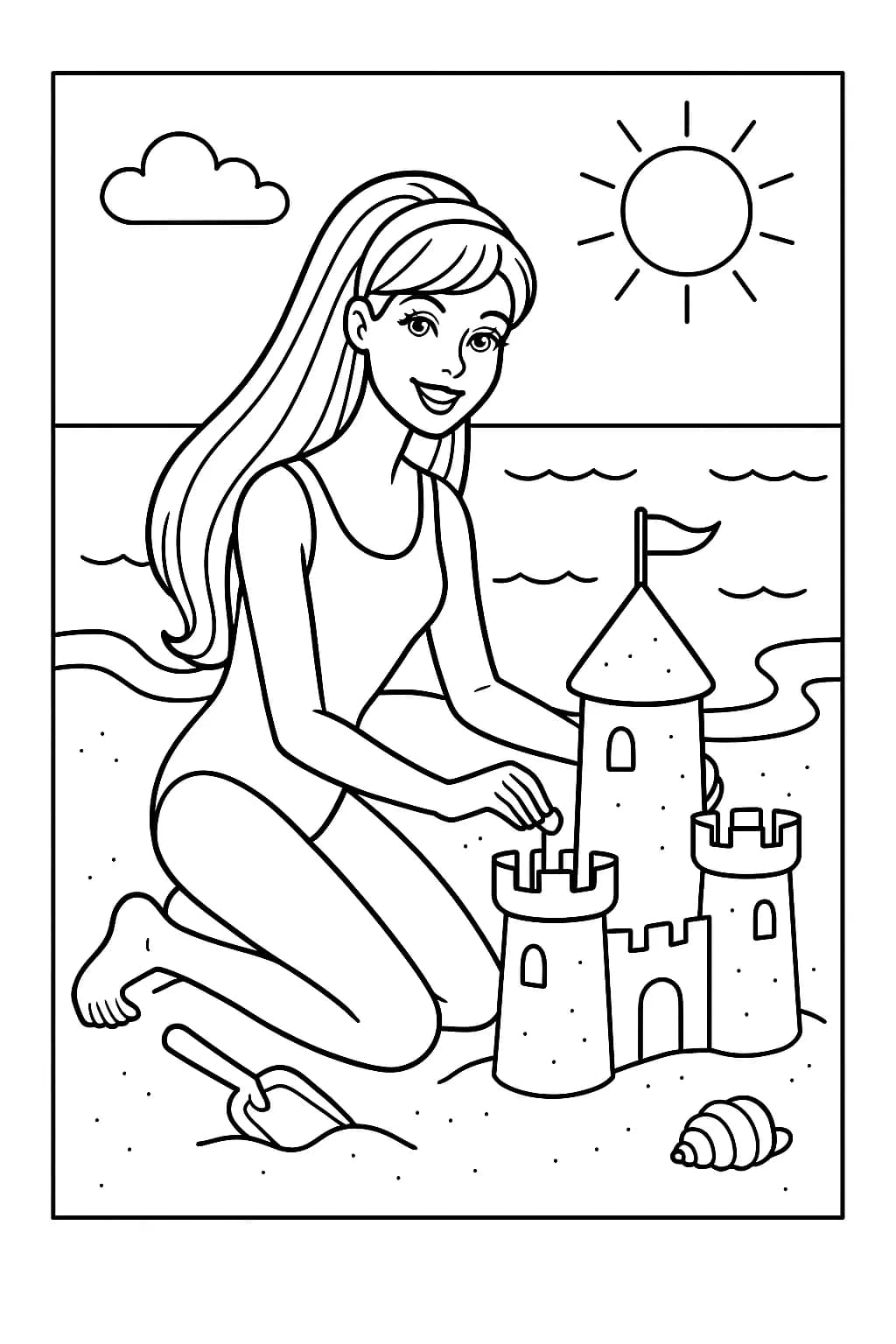 Barbie in a swimsuit building a sandcastle by the ocean, with simple outlines for children.