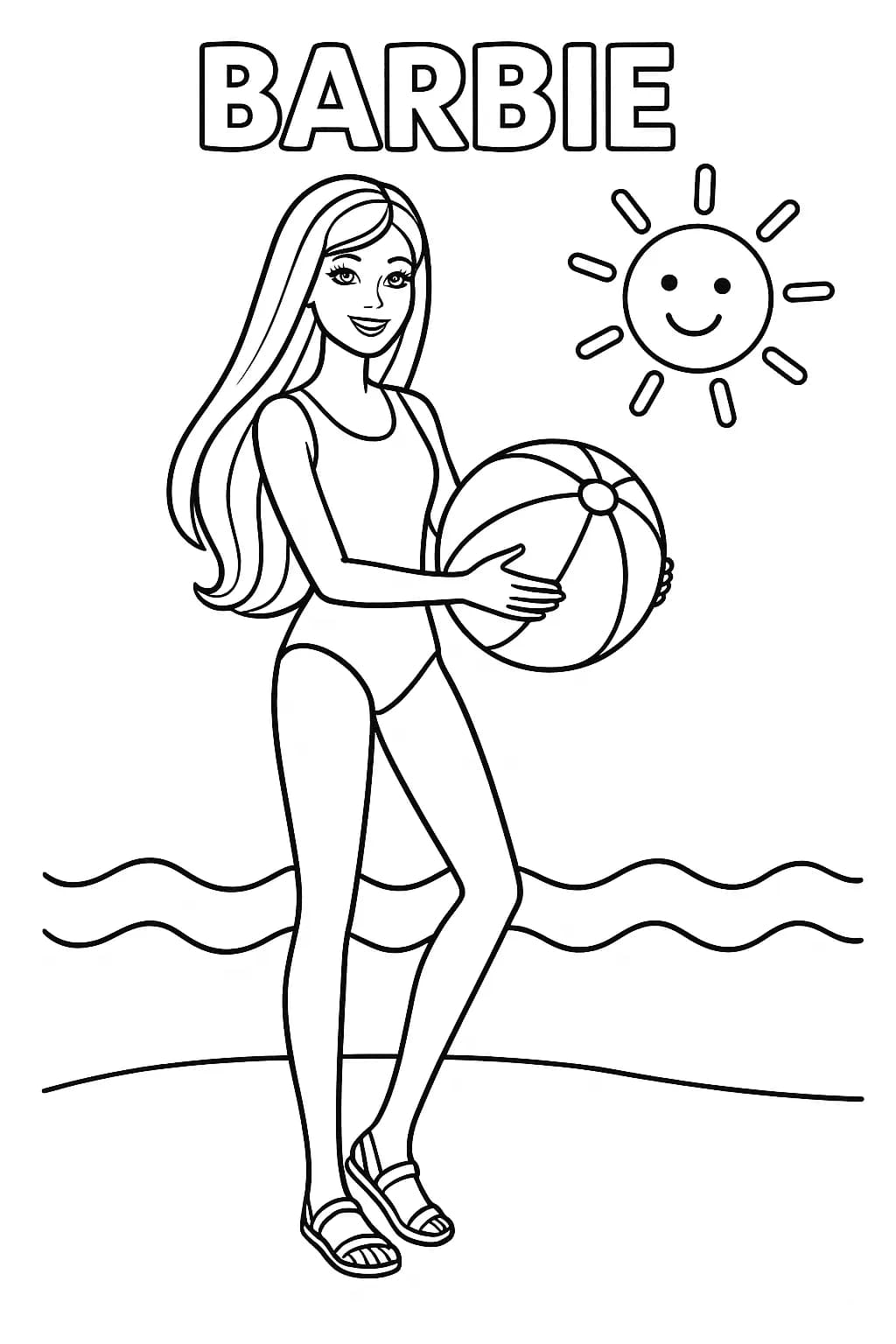 Barbie standing on a beach holding a beach ball, with the sun and simple waves in the background, easy outlines.