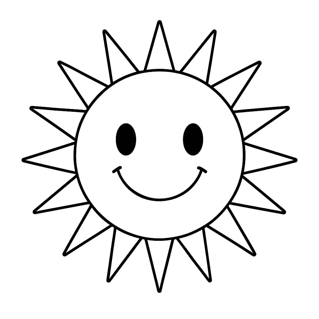Large, simple outline of a smiling sun with rays, ideal for preschoolers to color.