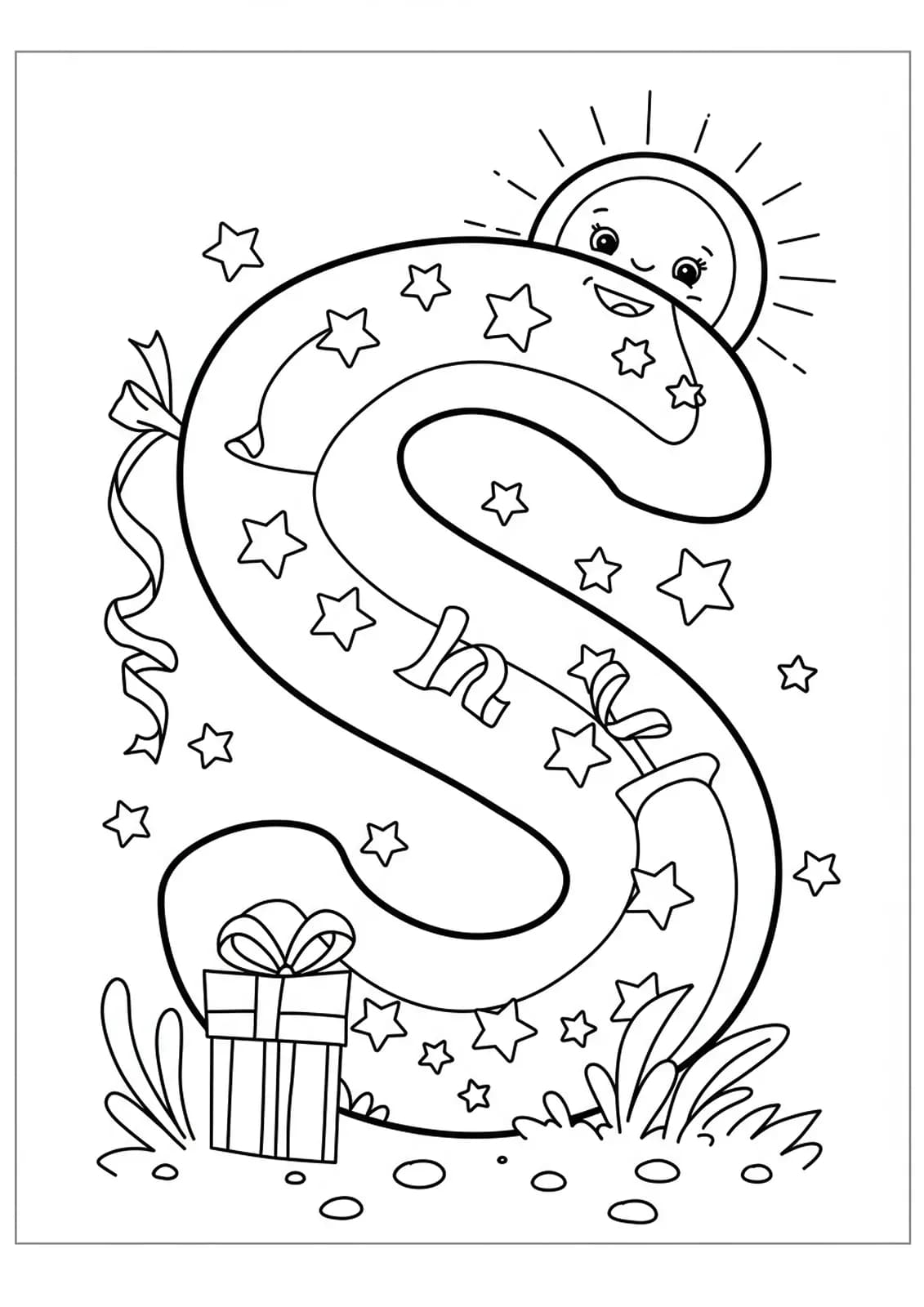 Coloring page with a big letter S, streamers, stars, and a smiling sun
