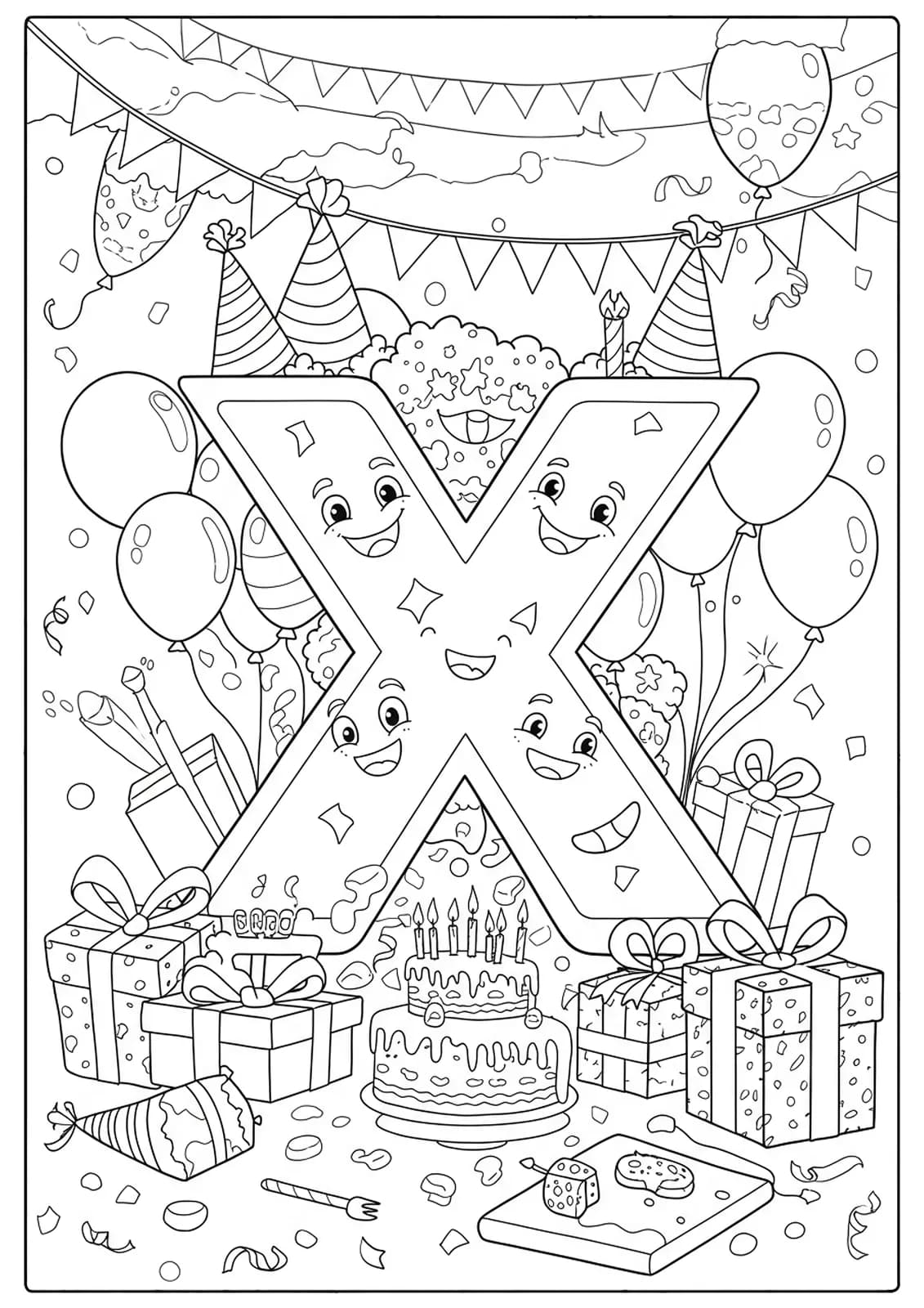 Letter X at a birthday party with detailed balloons, presents, cakes, and confetti for coloring