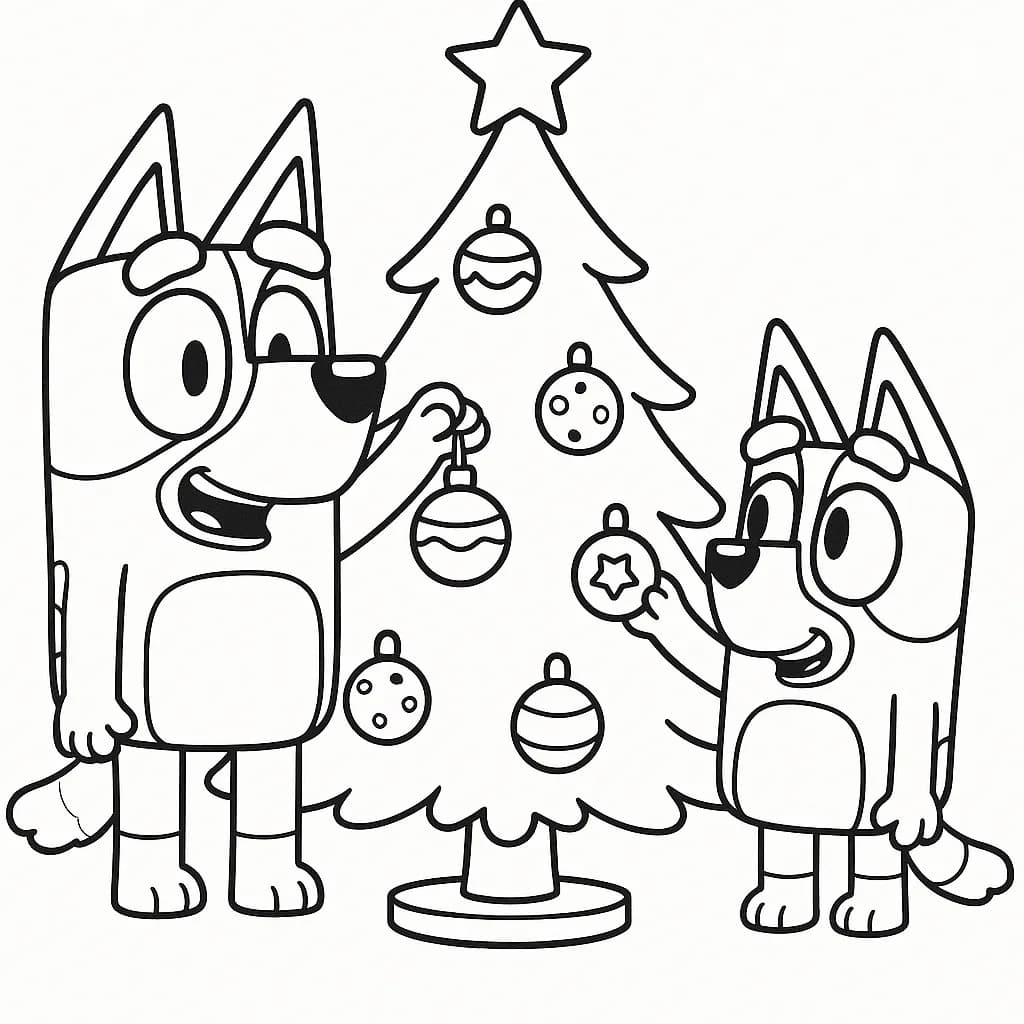 Bluey and Bingo decorating a Christmas tree with ornaments and a star.