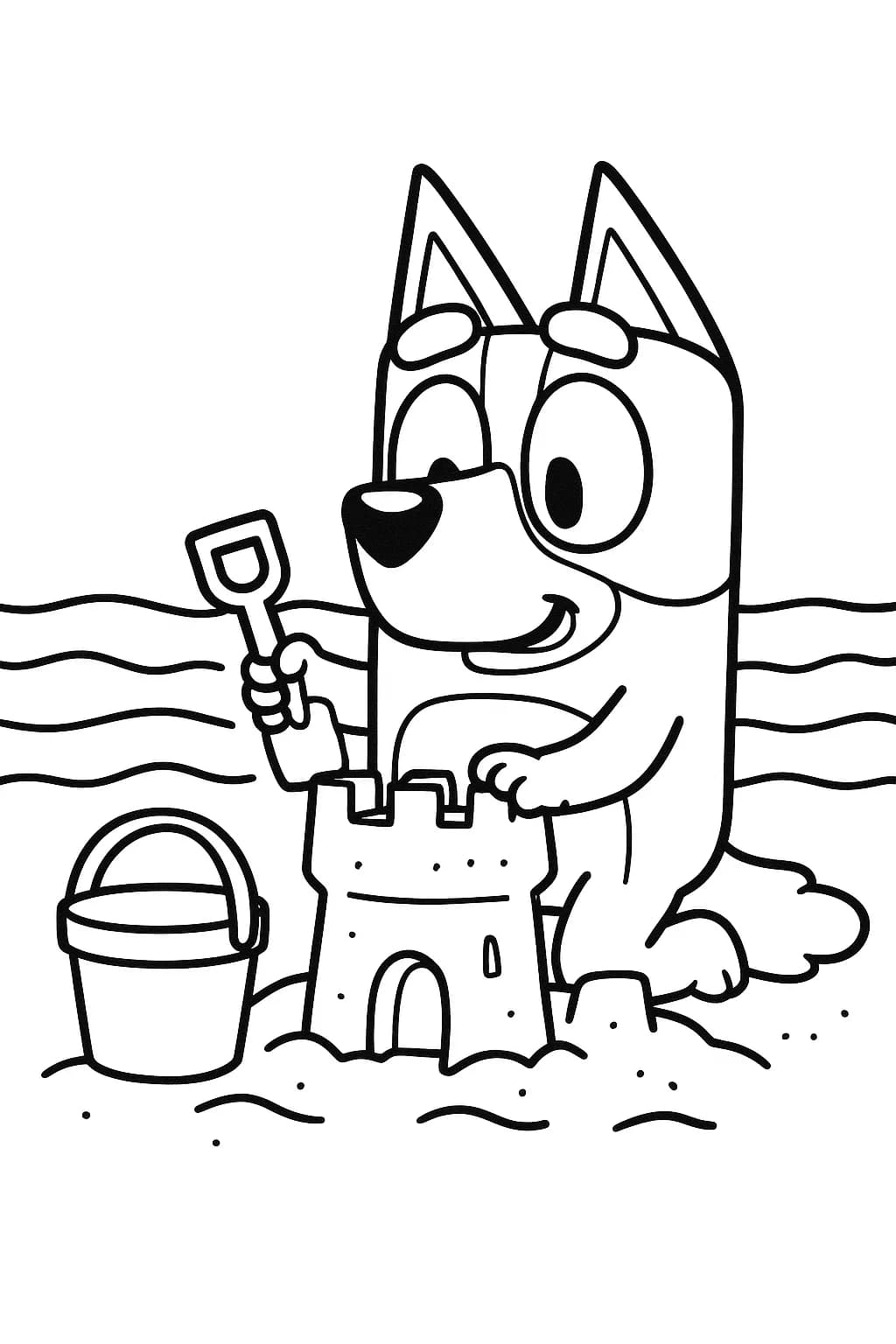 Bluey building a sandcastle at the beach with a pail and shovel, simple outlines.