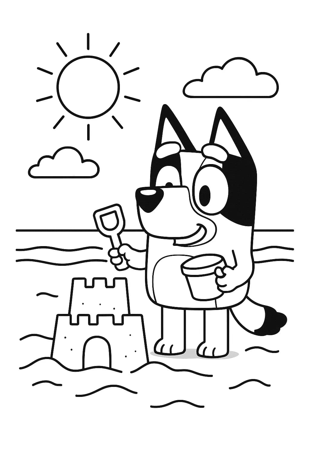 Bluey building a sandcastle at the beach with a bright sun overhead.