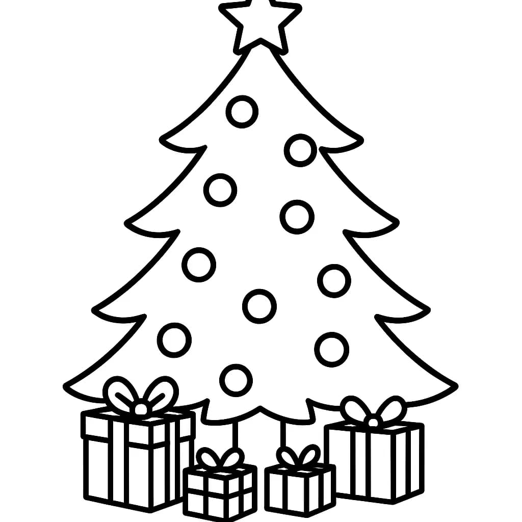 Simple coloring page of a large Christmas tree with ornaments and presents for preschoolers.