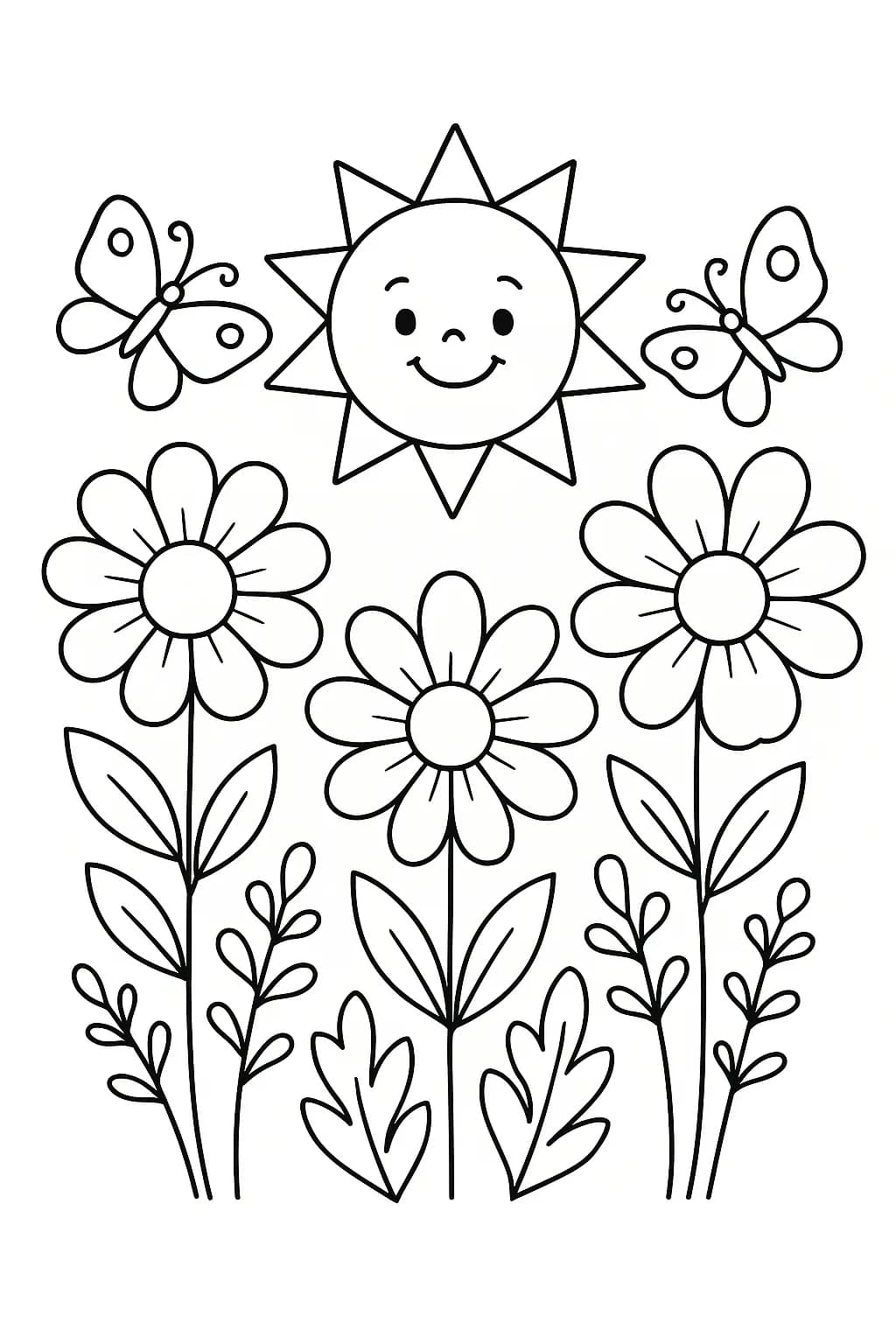 Easy coloring page of a garden with flowers, sun, and butterflies for preschool kids.