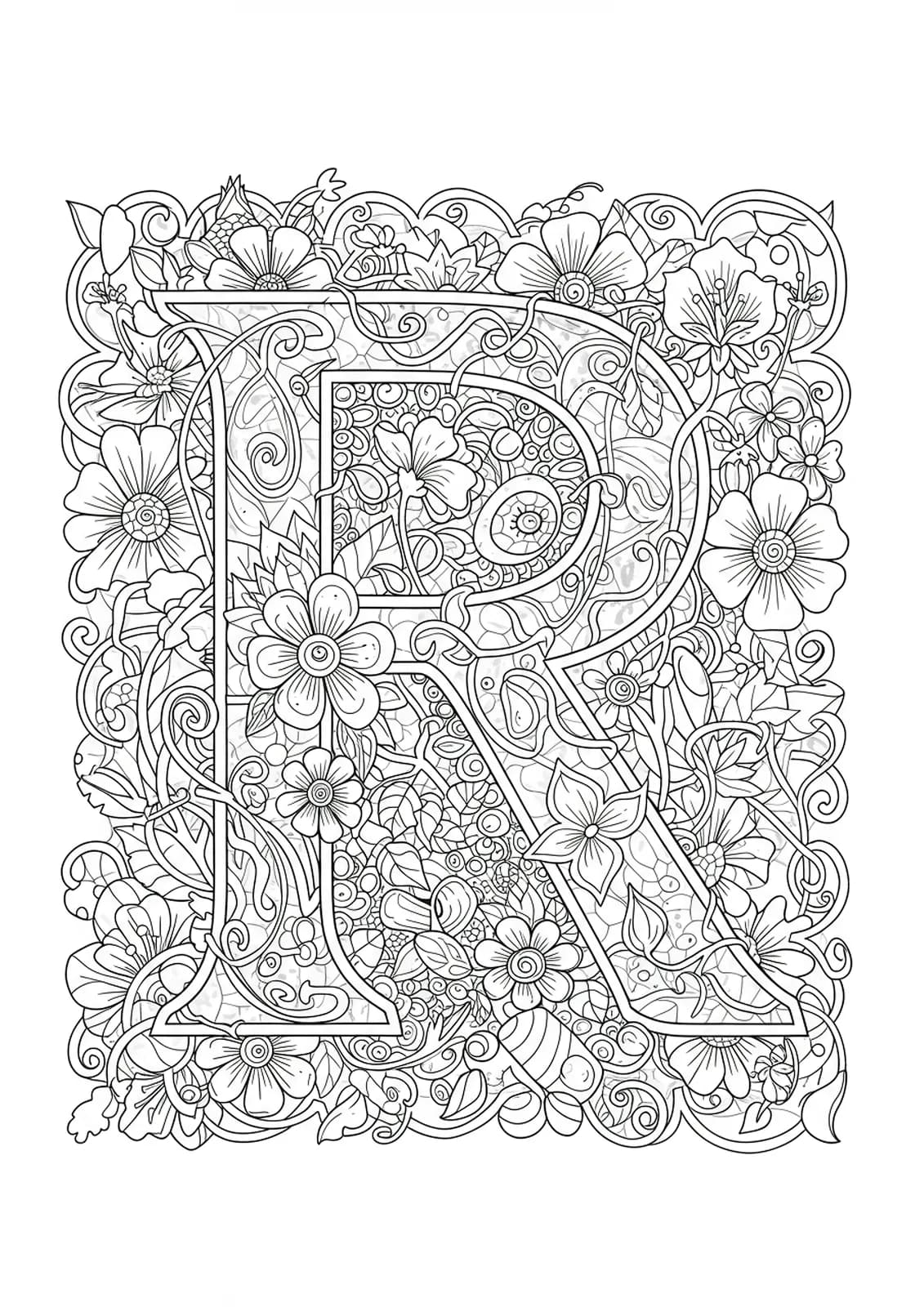 Letter R surrounded by an intricate labyrinth of vines, leaves, and flowers for a hard teen coloring page.
