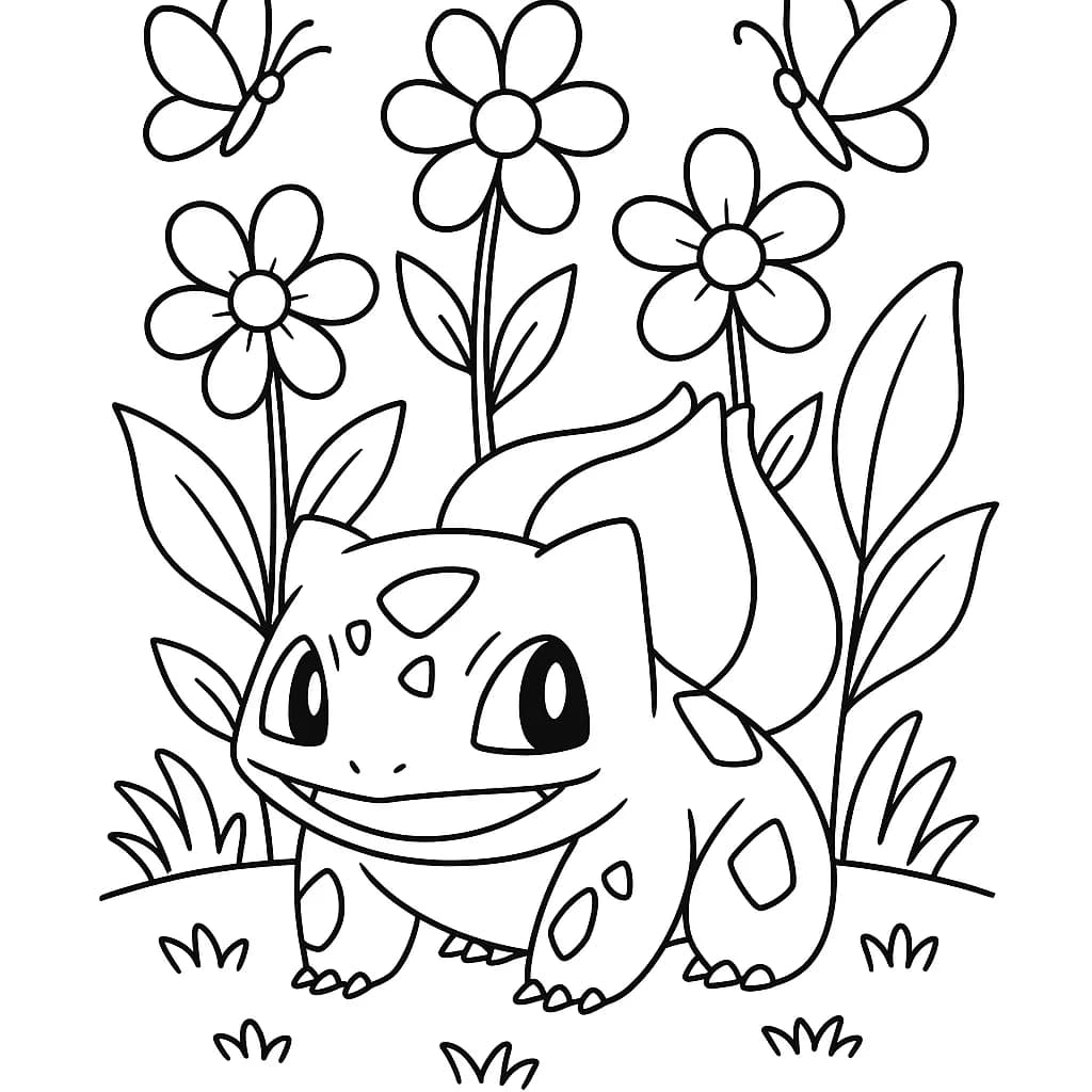 Bulbasaur in a garden with big flowers and leaves, simple outlines for young kids