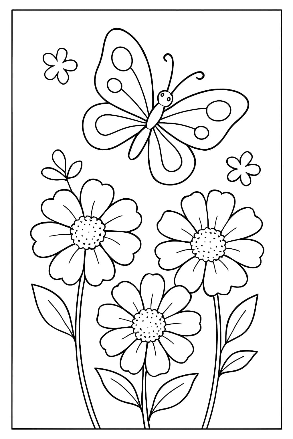 Easy butterfly coloring page featuring a butterfly and large spring flowers, designed for elementary kids.