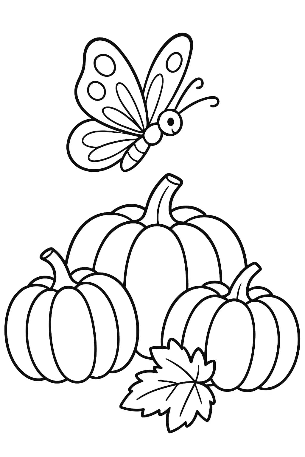 Simple butterfly flying above big pumpkins, easy fall coloring page for preschool