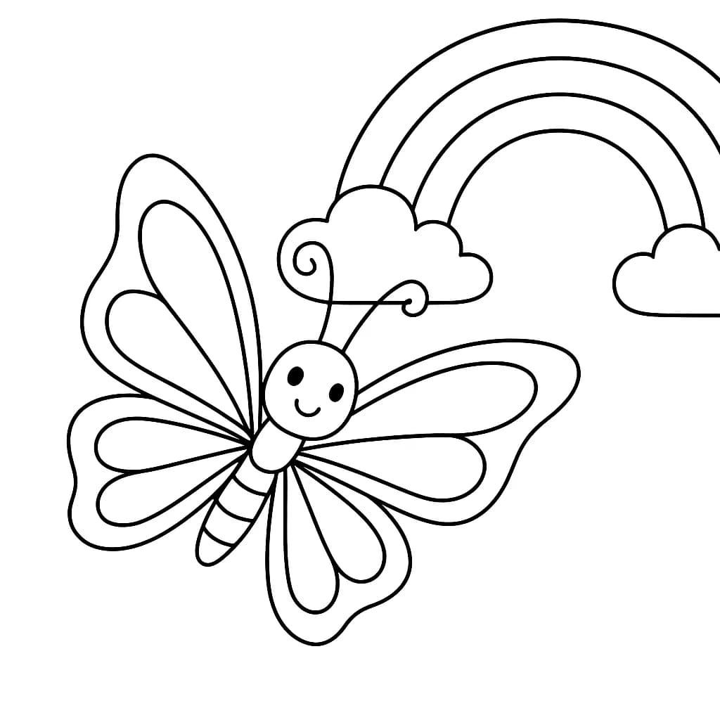 Simple coloring page of a butterfly flying next to a rainbow, with big shapes and bold outlines, easy for preschoolers.