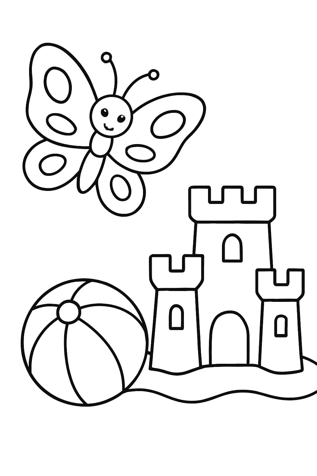 Easy coloring page showing a butterfly next to a beach ball and sandcastle, simple summer theme