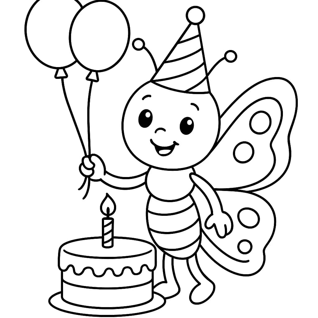 Simple butterfly coloring page with a butterfly wearing a party hat surrounded by balloons and a birthday cake.