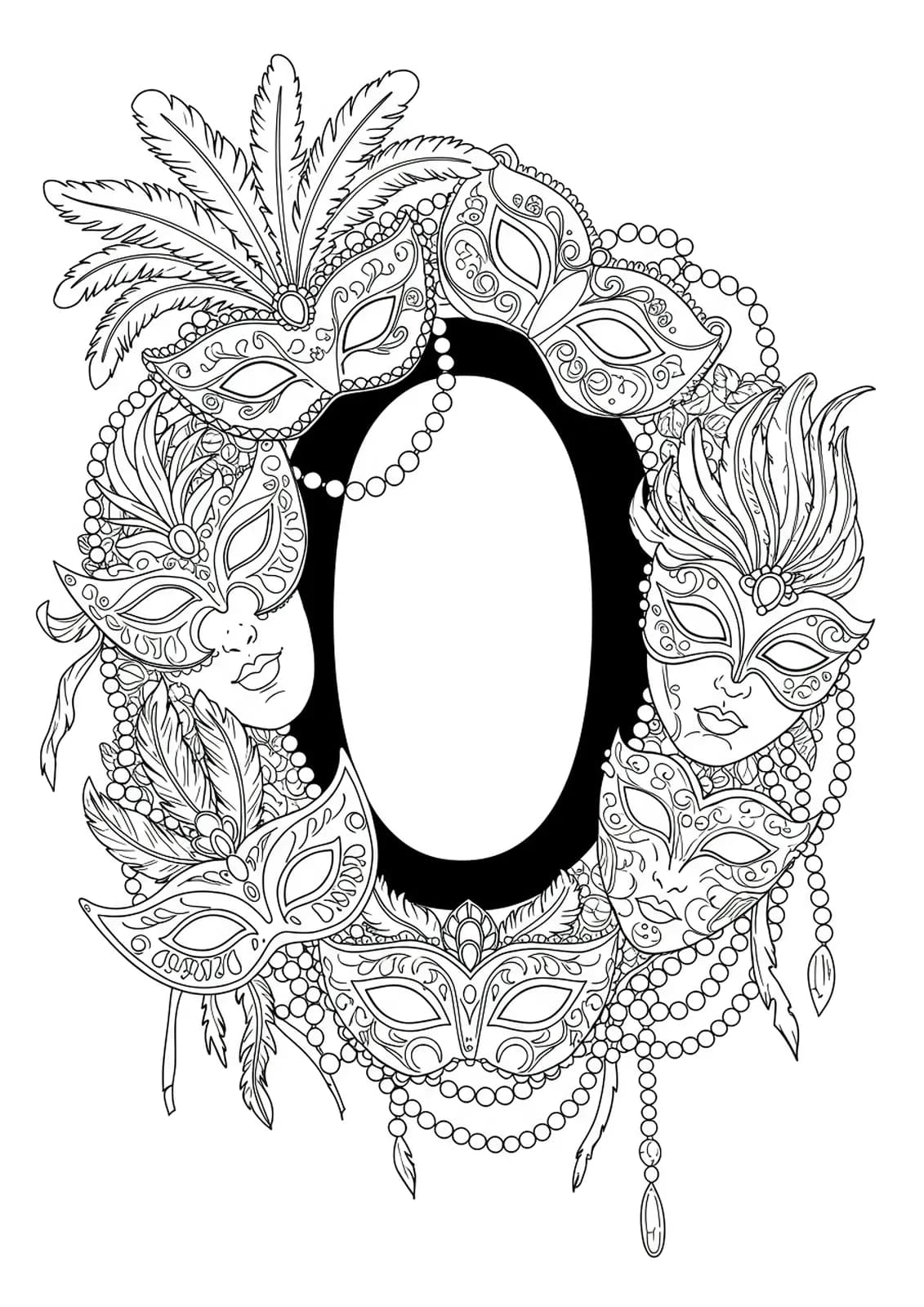 Letter O surrounded by intricate carnival masks with feathers, beads, and filigree, hard level for adult coloring