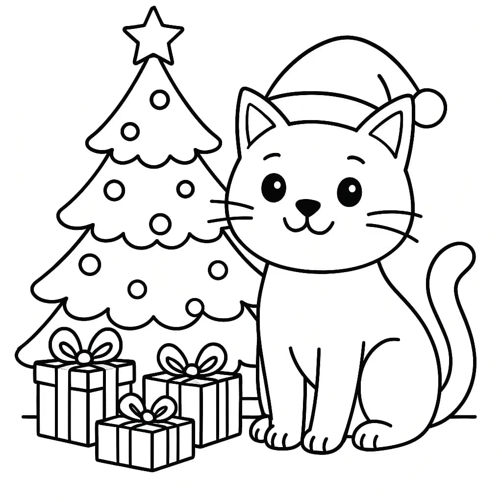 Cat with Santa hat near Christmas tree and gifts, easy coloring page for kids