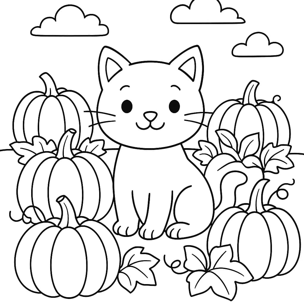 A simple outline drawing of a cat sitting among pumpkins in a patch, suitable for elementary children.