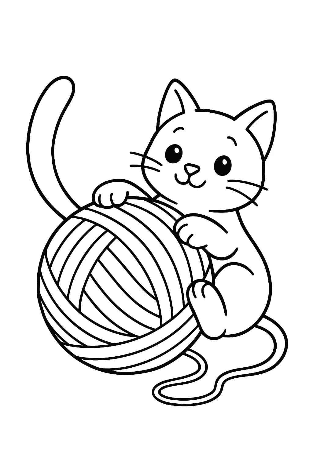 Simple line art of a cat playing with a large yarn ball, designed for preschool coloring.